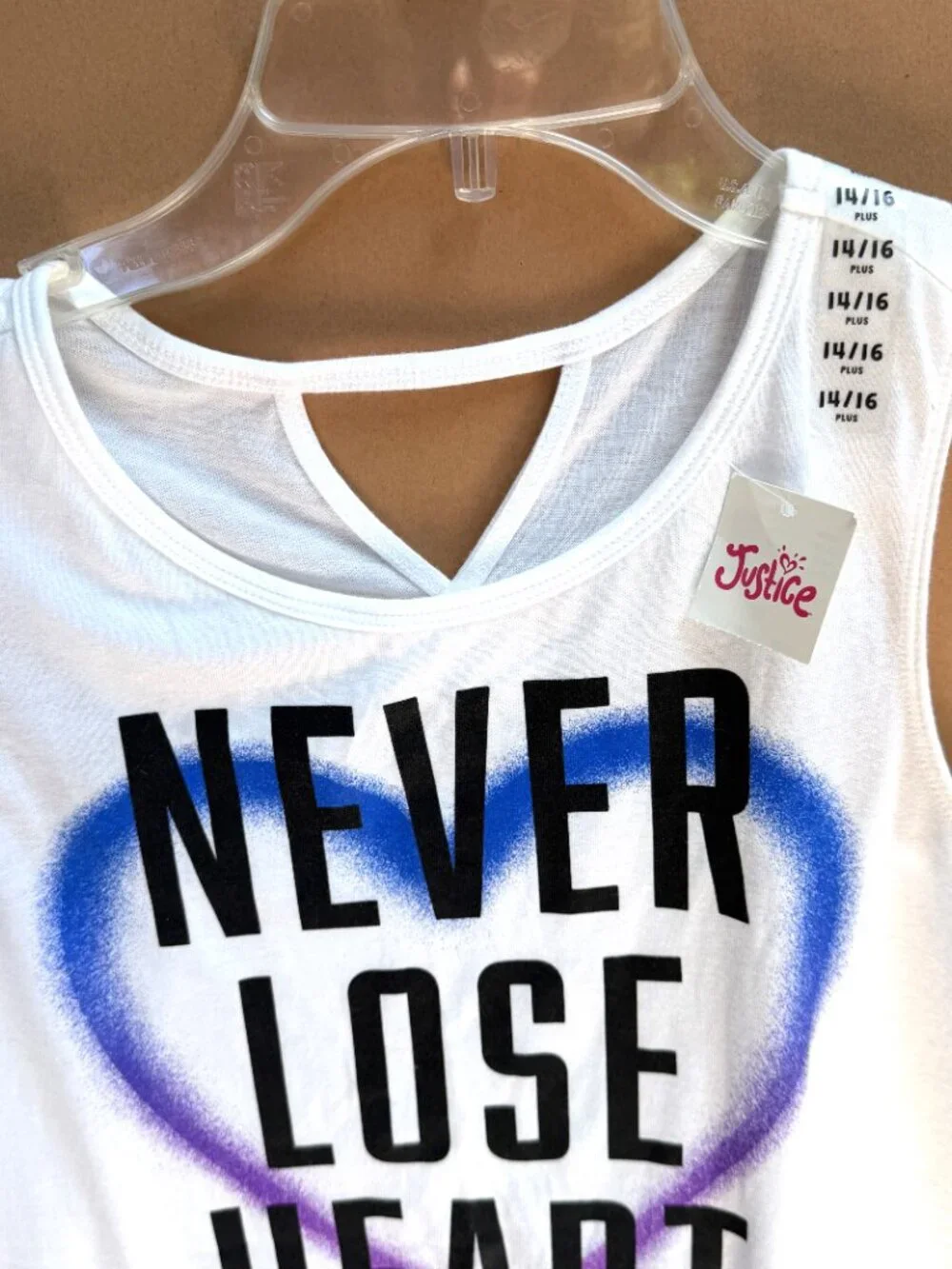 NWT Girls Justice Tank Top NEVER LOSE HEART-JUSTICE SPORT Size 14/16 Plus